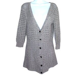 DKNY Jeans Taupe / Gray Cardigan Sweater  V-Neck Knit 3/4 Sleeve Logo Buttons  S